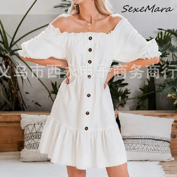 

Summer Sexy Casual Women Ruffles Midi Dress 2020 Fashion Slash Neck Puff Sleeves Slim Dress