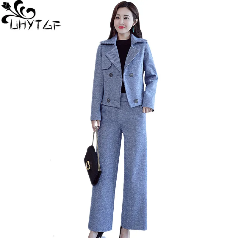 Uhytgf Herfst Winter Wollen 2 Delige Set Vrouwen Double-Breasted Korte Jas + Wijde Broek Pak Vrouwelijke Toevallige Sport set Vrouwen 765 Uhytgf Herfst Winter Wollen 2 Delige Set Vrouwen Double-Breasted Korte Jas + Wijde Broek Pak Vrouwelijke Toevallige Sport set Vrouwen 765