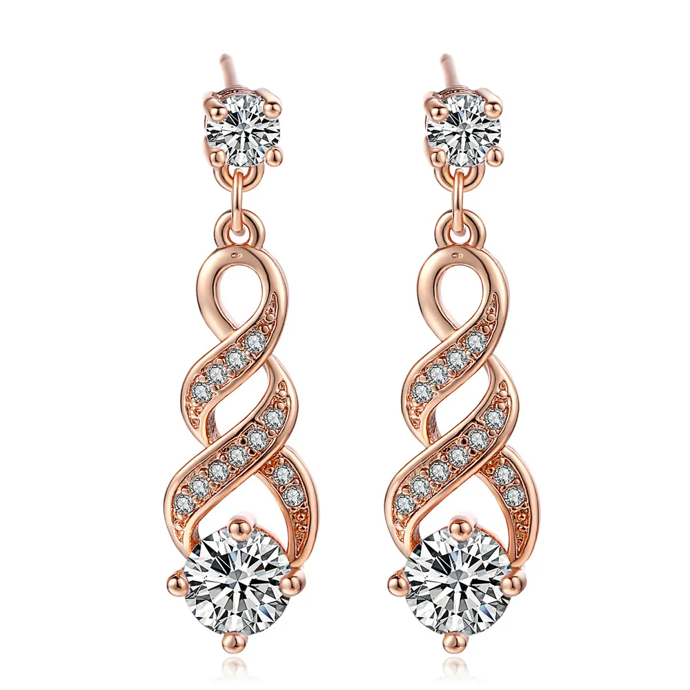 Four Claw 6mm Cubic Zirconia Drop Dangle Wedding Earrings Rose Gold Color Jewelry For Women DFE544 DFE725