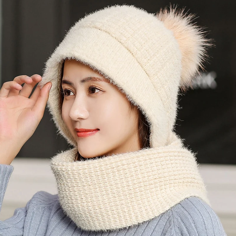 HT2686 шапка из кроличьего меха женская зимняя шапка, шарф, набор женских меховых помпонов шапка-ушанка ветрозащитная вязаная шапка с шарфом