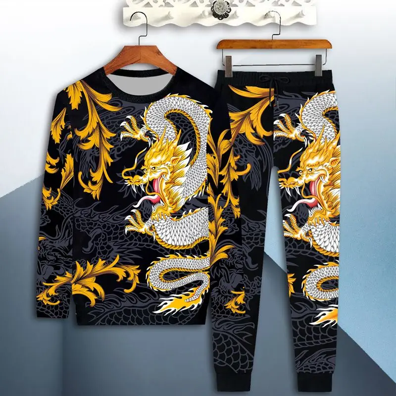 New men's sportswear suit men's 3D tiger long-sleeved casual slim T-shirt trousers 2-piece 3D dragon print T-shirt clothes 5