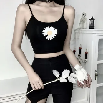 

Gothblack Streetwear Sexy Slim Black Tank Tops Gothic Women Daisy Printing Bodycon Casual Crop Tops 2020 Summer New Camisole