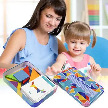 

7pcs/9pcs Wooden Tangram Jigsaw Toys Training Puzzle Cognitive Children Early Education Puzzle Toy with 50/60 Cards Box