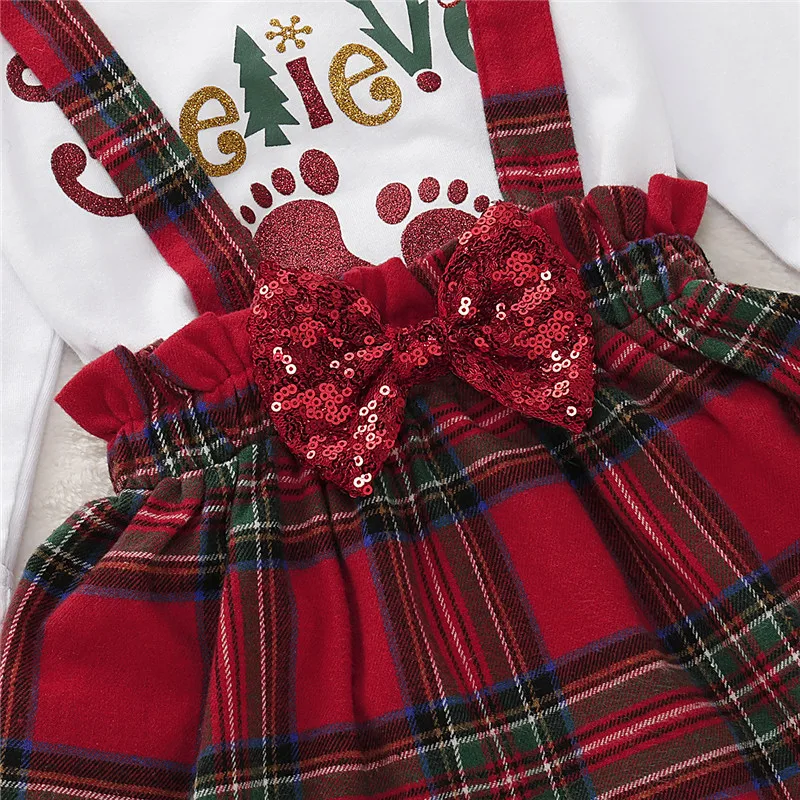 Рождественские комплекты одежды для малышей Одежда для маленьких девочек детская одежда с длинными рукавами ремешок комбинезона платье с надписью my first Christmas, для девочек, праздничная одежда