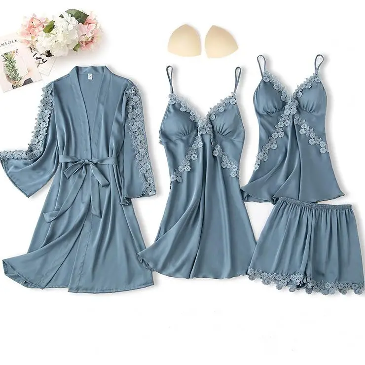 Lace 4PCS Robe Set Satin Women Appliques Kimono Bathrobe V-Neck Sleepwear Sexy Lingerie Casual Loose Pajamas Home Clothes Suits