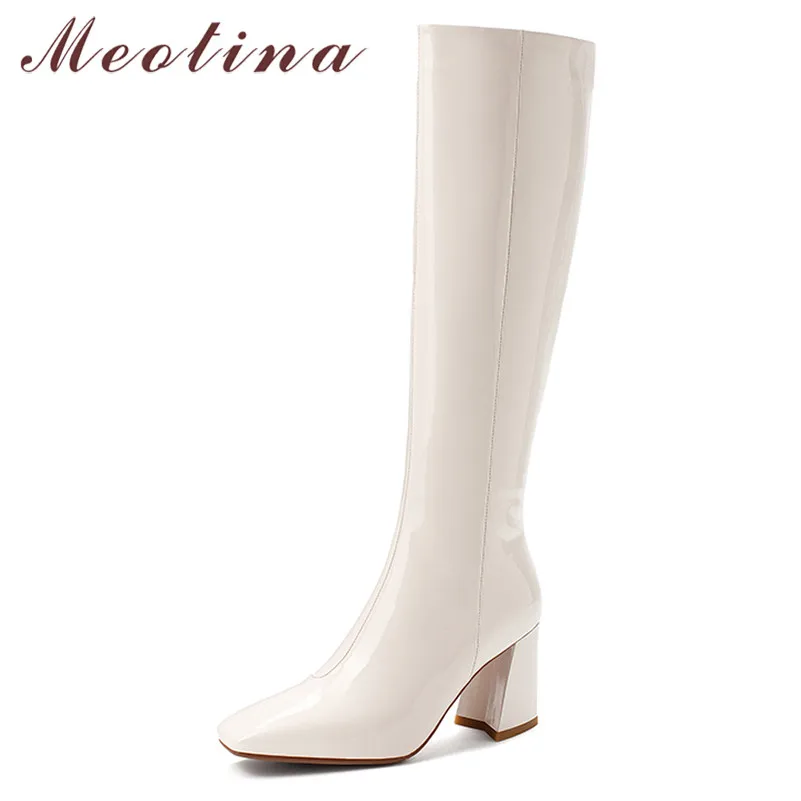 

Meotina Winter Knee High Boots Women Natural Genuine Leather Block High Heel Tall Boots Zip Square Toe Shoes Lady Autumn Size 39