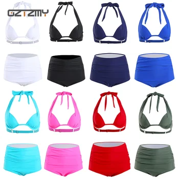 

Halter Bikini 2020 New Solid Color Bikini Swimwear Women High Waist Swimsuit Beach Bathing Suit Women Maillot De Bain Femme