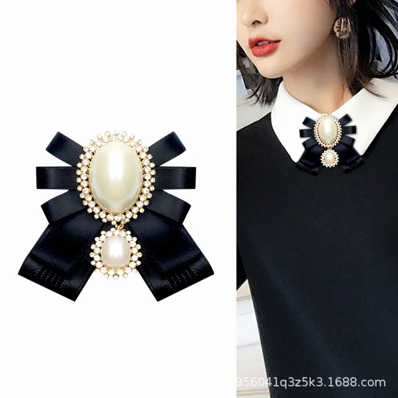 i-Remiel Fashion New Korean Pearl Bow Tie Brooch for Female Ancient Rhinestone Lapel Pin Badge Corsage Shirt Collar Accessories