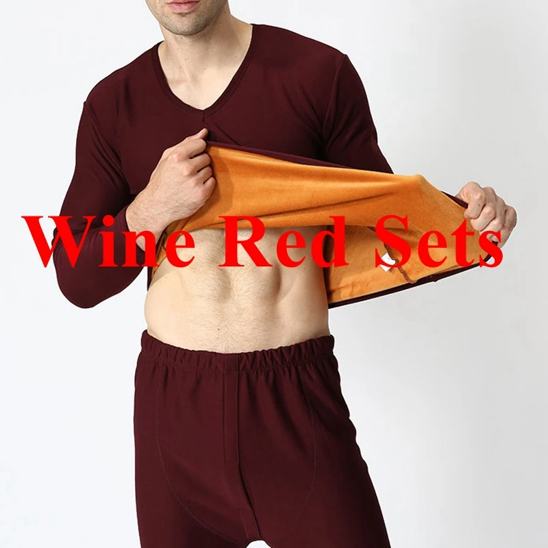 Wine Red Sets FAISIENS V образным вырезом теплое нижнее белье для мужчин плюс большой размер 9XL 8XL 7XL 6XL желтое флисовое нательное бельё Топы+ однотонное нижнее белье низ мужские s наборы - Цвет: Wine Red Sets
