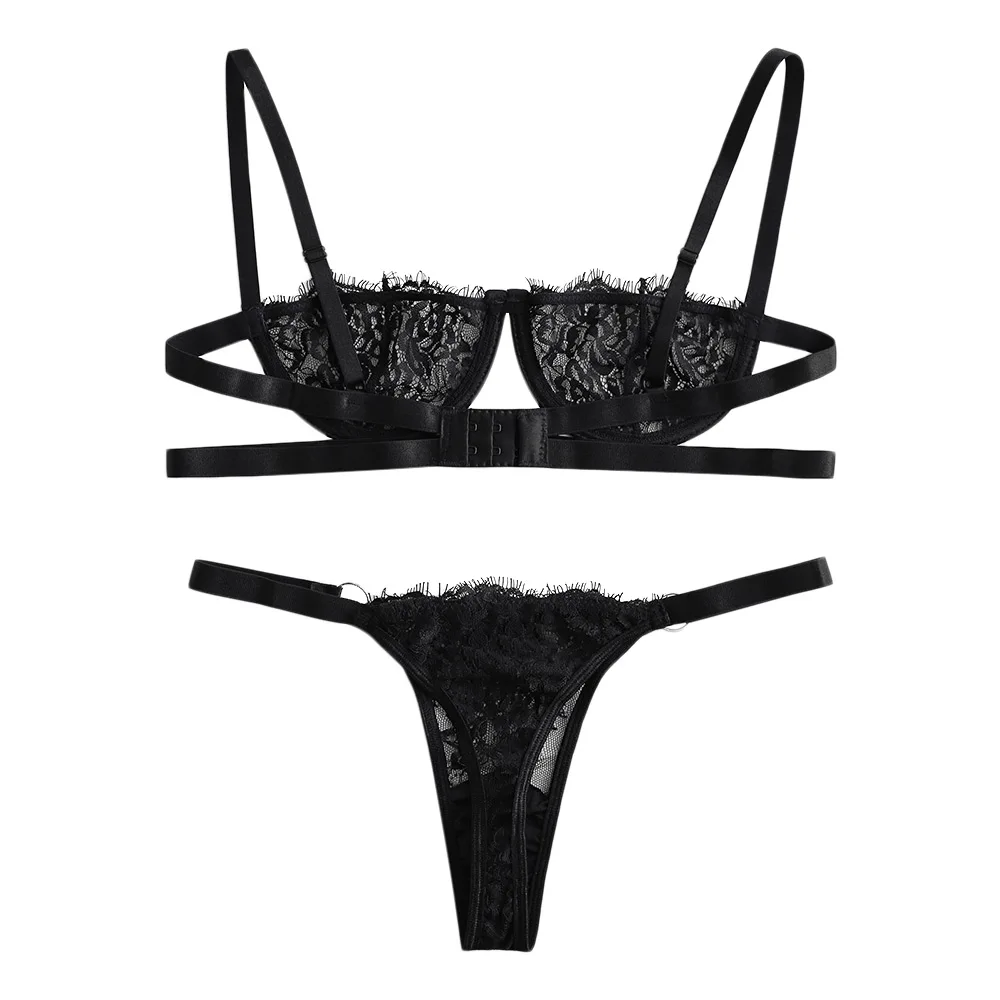 ZAFUL Lace Solid Underwire Caged Set Underwire Ring Embellished Lingerie Half Cup Adjusted-Straps Unlined Sexy Women Lingeries