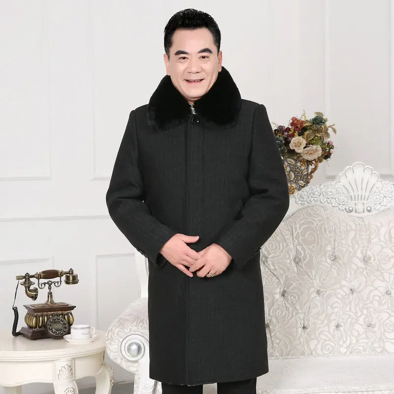 Father Winter Wool Blend Coat Fur Collar And Lining Thicken Tweed Overcoat Middle Aged Man Smart Casual Woolen Coats Clothings