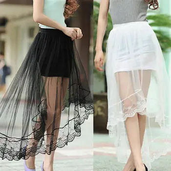 

Women New Fashion Elastic High Waist Skirts Long Female Tulle Skirt Irregular Hem Mesh Skirts Summer Harajuku Style Party Skirts