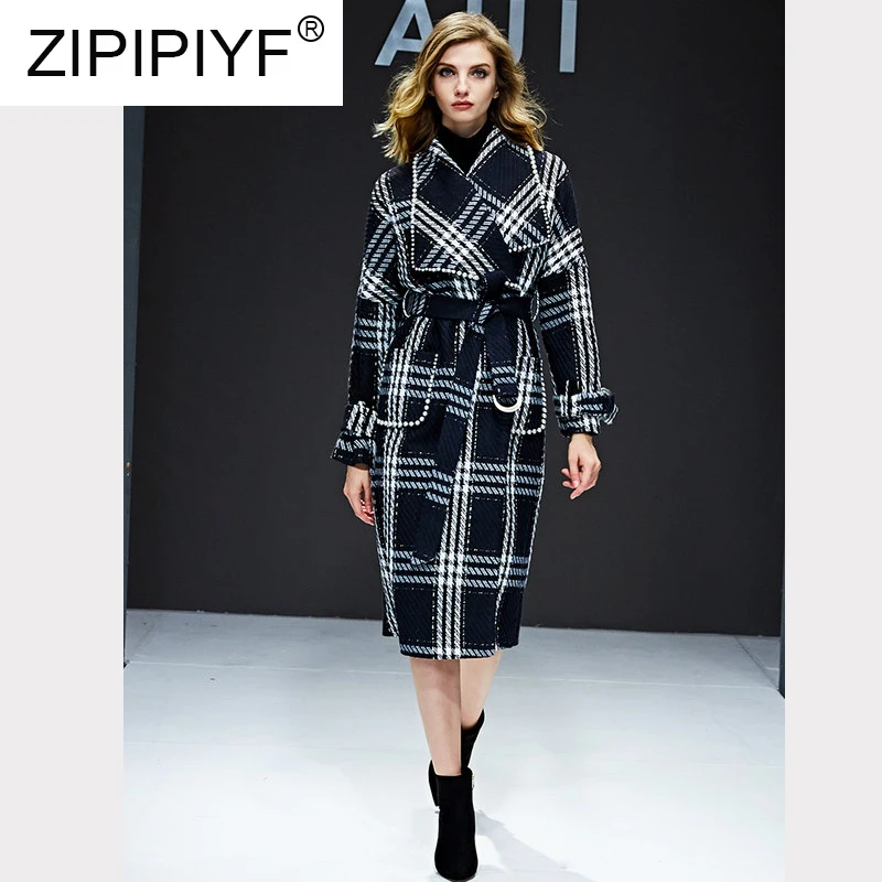

Classic Plaid Design 2019 Autumn Winter New Black Woolen Coat Elegant Women Fashion Coat C1938