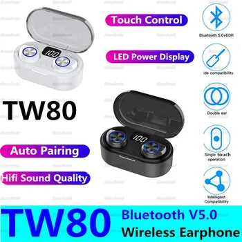 

TW80 TWS Wireless Earphone Bluetooth 5.0 Earpbuds Super Bass Stereo Earpieces With Mic LED battery Display Headset Earbuds