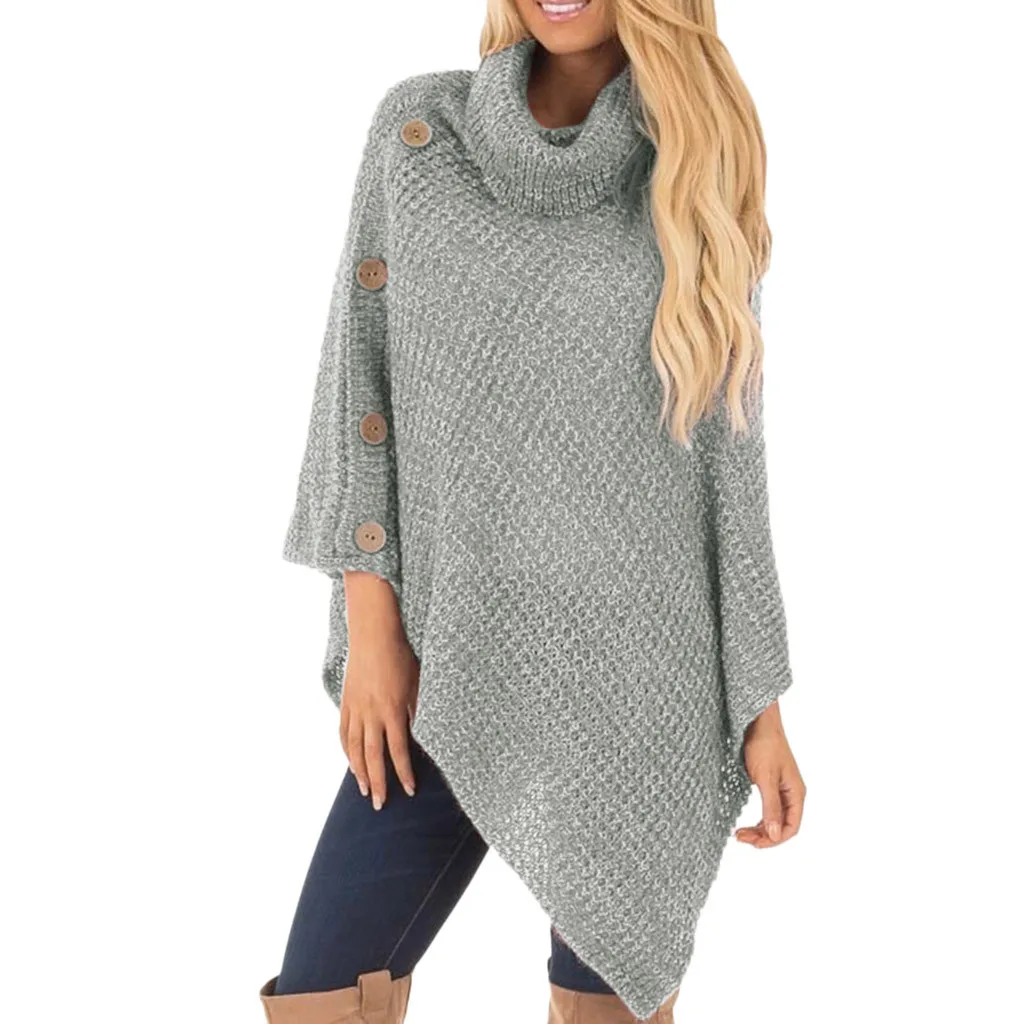 

fashion Women's Knit Turtle Neck Poncho with Button Irregular Hem Pullover Sweaters Solid color turtleneck sweater qualityF817