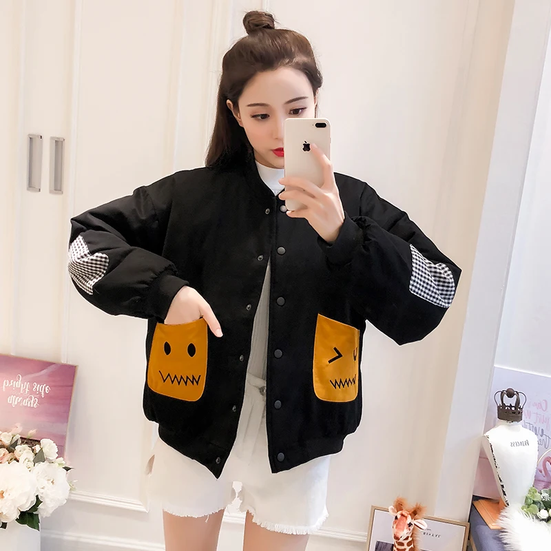

2019 New Women Autumn Winter Add Cotton Jacket Kawaii Korean Version Loose Long Sleeve Baseball Uniform Cotton Coat Female