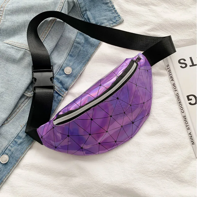Фиолетовый Голографическая сумка на поясном ремне Для женщин лазерной Fanny Pack женские голограмма женских сумок с ромбическим узором из PU искусственной кожи, в стиле «Хип сумка на пояс для вечерние для ночного клуба на каблуке - Цвет: Фиолетовый