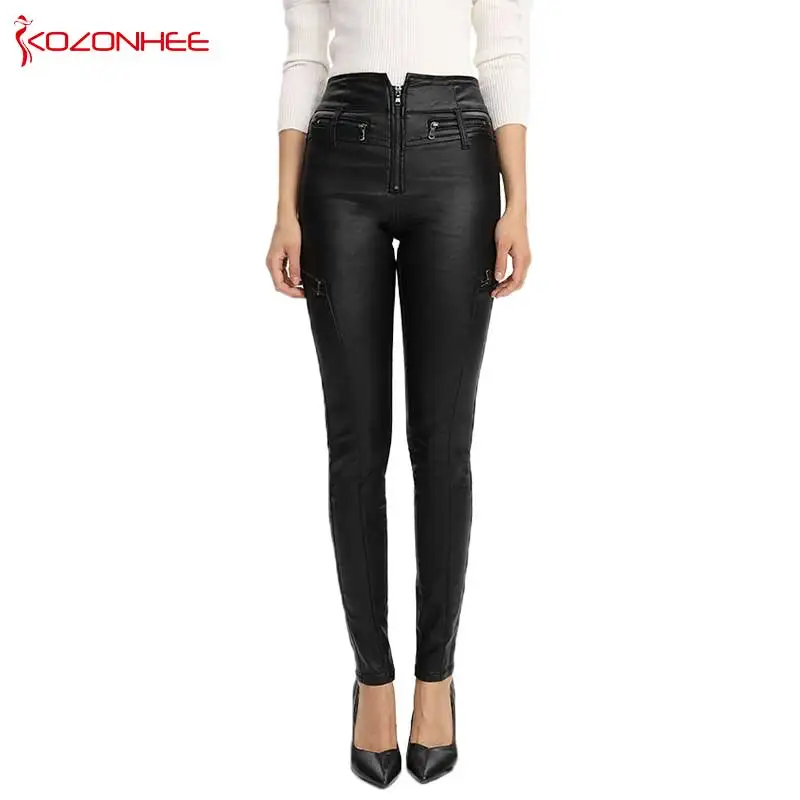Fashion Superelastic Black PU Leather Pants Women Stretch  Women's High Waist Pants woman skinny Pencil PU Leather pants #80