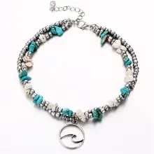 Алиэкспресс Европа и Америка Мода двойной слой ножной браслет Нерегулярные натуральный бирюзовый шарик йога кулон на пляж ножной браслет