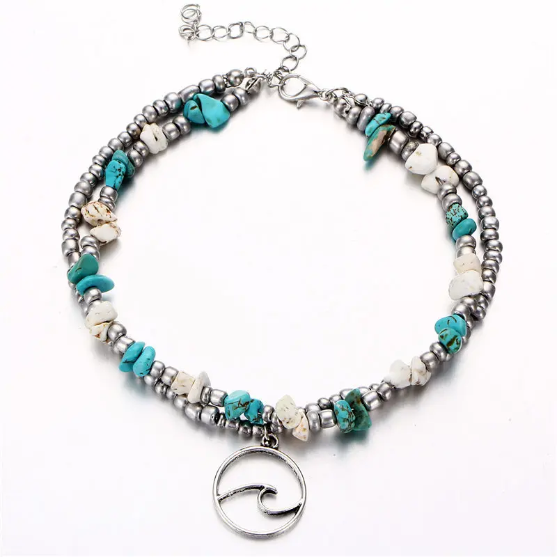 

AliExpress Europe And America Fashion Double Layer Anklet Irregular Natural Turquoise Bead Yoga Beach Pendant Anklet