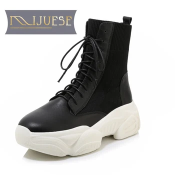 

MLJUESE 2021 women ankle boots soft Cow leather winter short plush lace up round toe high heels equestrian boots party dress