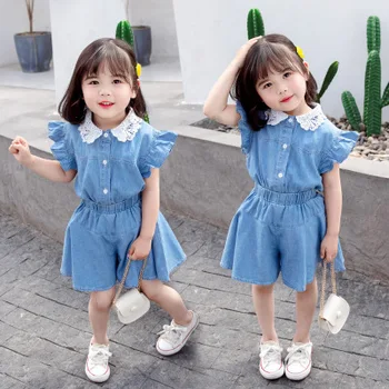 

3-7 year old girl lace denim suit summer new children's clothing female baby fashion casual summer short sleeve two-piece tide