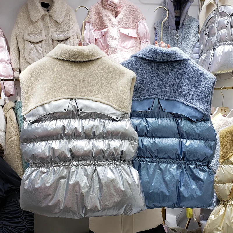 European New Autumn and Winter Drawstring Waist Lamb Fur Stitching Bright Face Down Vest Jacket Women's Loose Padded Waistcoat