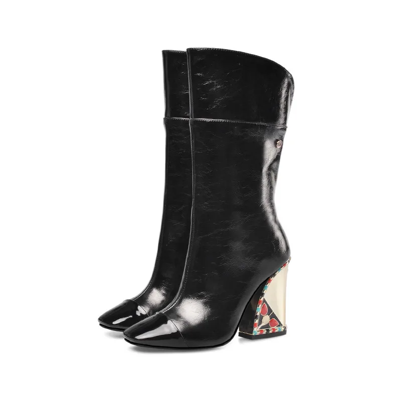 black mid calf boots ASUMER/ г. Новые сапоги выше колена женские сапоги из натуральной кожи осенне-зимние сапоги с квадратным носком на высоком толстом каблуке без застежки большой размер - Цвет: black mid calf boots