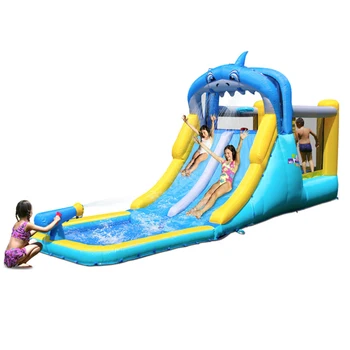 شراءتصميم جديد لشرائح مزدوجة مع كرة تجمع حفرة كرة السلة هوب نفخ ساحة لعب للأطفال استخدام المنزل الحارس كومبو رذاذ الماء