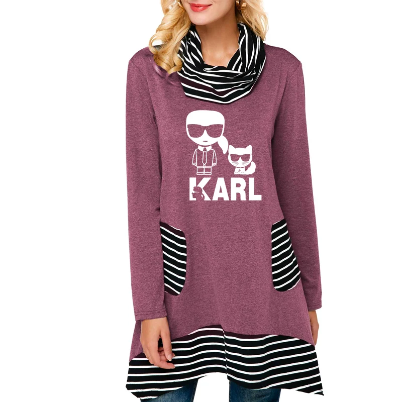 

Plus Size Women Long Shirt Kawaii Cartoon Fashion Fake Two Pieces Karl Lagerfeld Casual Printed Off Shoulder T Shirt Tops Female