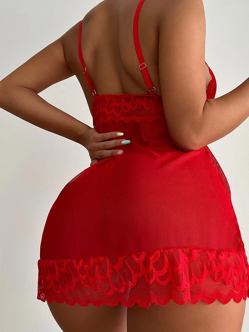 Sexy Sleepwear Deep-V Night Dress Women Sleeping Nightgown Red Lace Nightie Lingerie Sleeveless Mini Dress Homewear women lingerie,women nightgowns,women nightdresses,sleeping dress