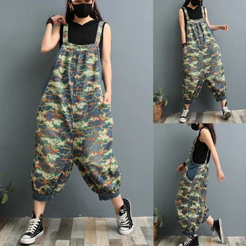 

Jean Jumpsuit Women Print Baggy Bib Wide Leg cowboy Rompers New Denim Overalls Big Size Suspenders Bloomers Hip-Hop harem jeans