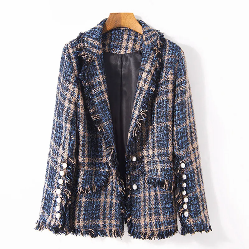 blue plaid Новинка, весенне-осенние женские блейзеры, клетчатые, атмосферные, элегантные, твидовые, с завышенной талией, с отложным воротником, блейзеры с воротом, пальто - Цвет: blue plaid