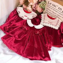 Г. Осеннее детское вельветовое платье в Корейском стиле классическое качественное платье с вышивкой для девочек рождественское платье с большим отворотом для маленьких девочек
