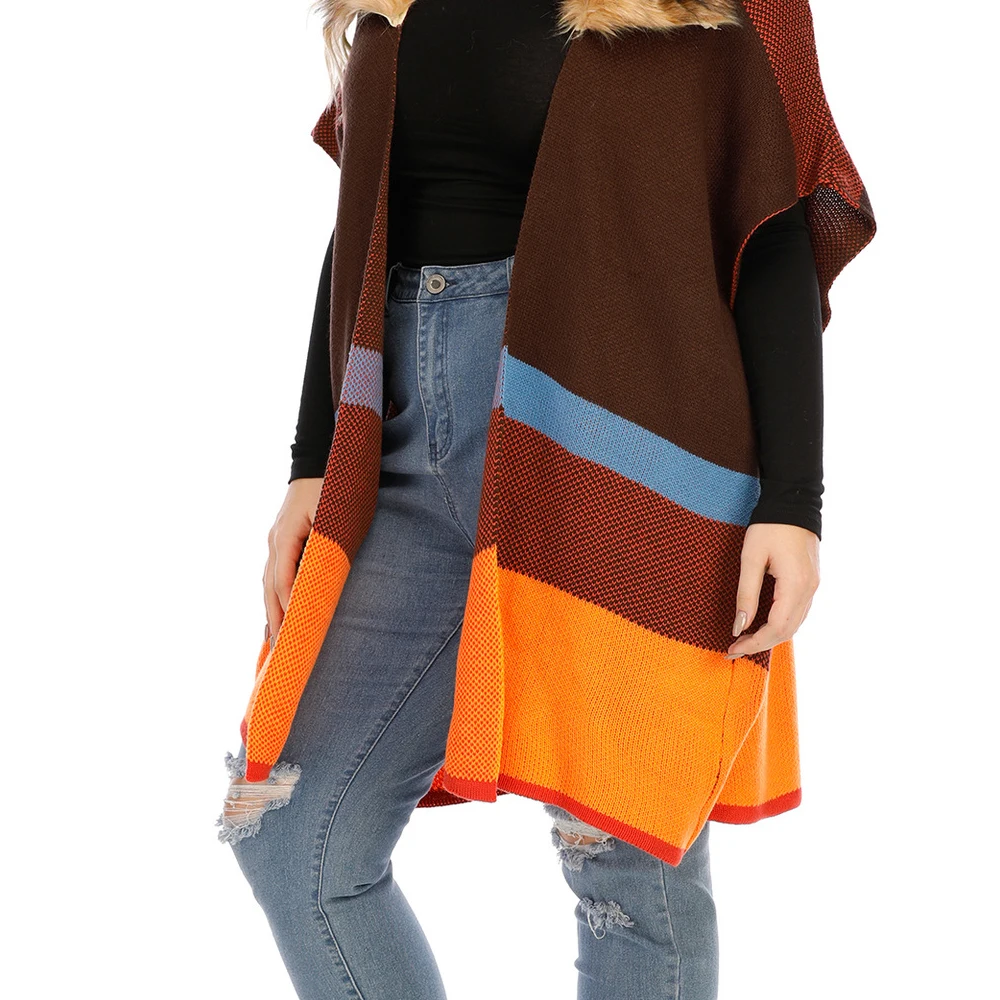 

Fashion CasualPlus Size Women's Clothing Color Striped Stitching Big Fur Collar Fashion Shawl Mid Length Loose Fitting Waistcoat