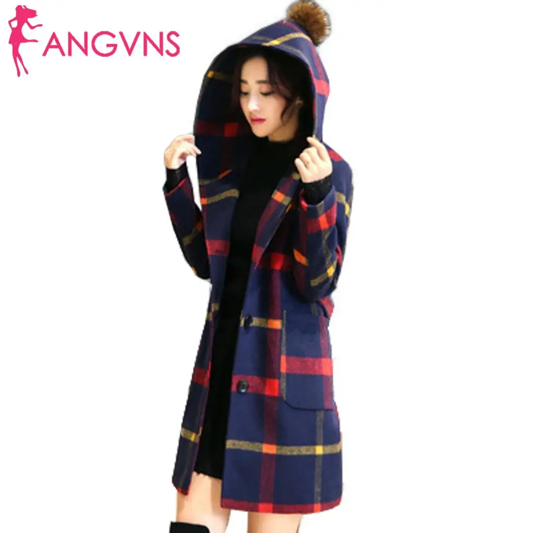 Новые модные женские повседневные с капюшоном Длинные выше колена кнопки, карман рукав пледы Обычная посадка кнопки пальто Верхняя одежда