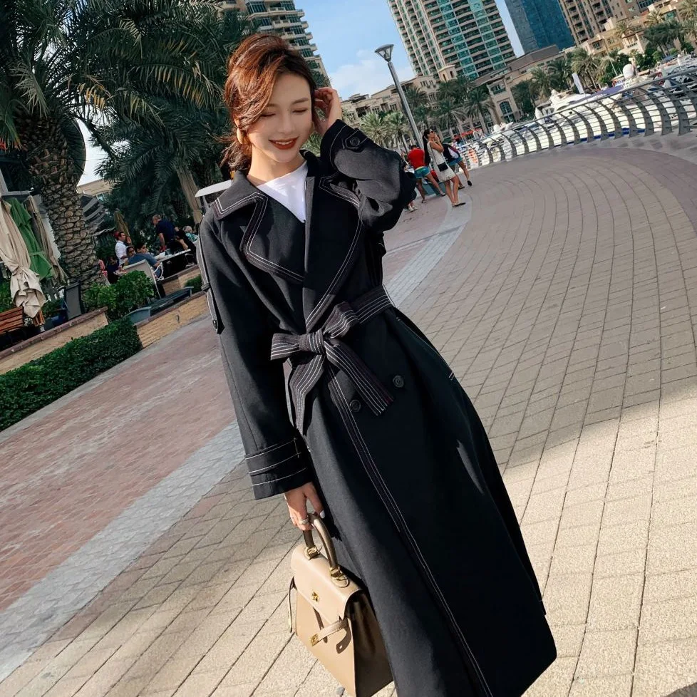 

Photo Shoot CHIC Drape Kaki Mid-length Open Wire Contrast Color Suit Collar Double Breasted Waist Hugging Lace-up Trench Coat Wo