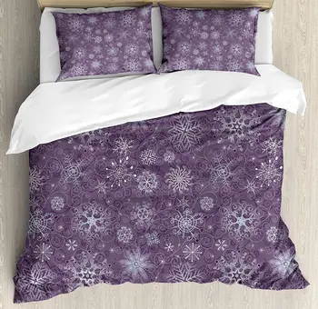 

Eggplant Duvet Cover Set Christmas Inspired Cute Flowers Snowflakes and Swirls in a Violet Delicate Environment Bedding Set
