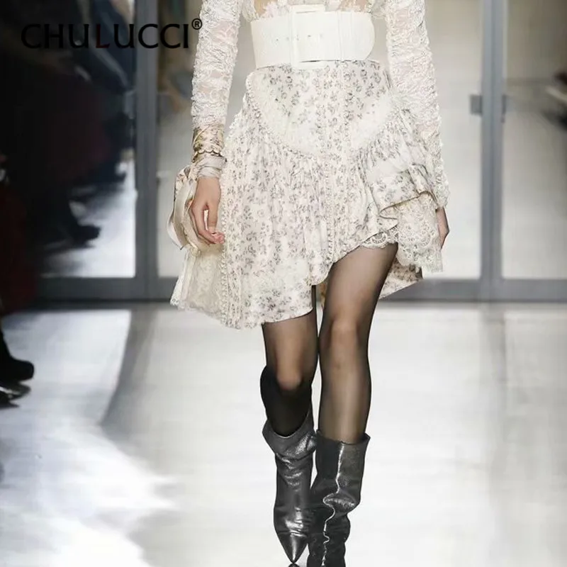 

8.11 Designer Skirt Women's High Street Fashion Flower Printed Lace Patchwork Draped Fuzzy Balls Irregular Skirt