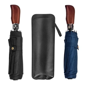 

Wooden Handle Automatic 3-Fold Umbrella For Men Portable Windproof Business Umbrella For Men