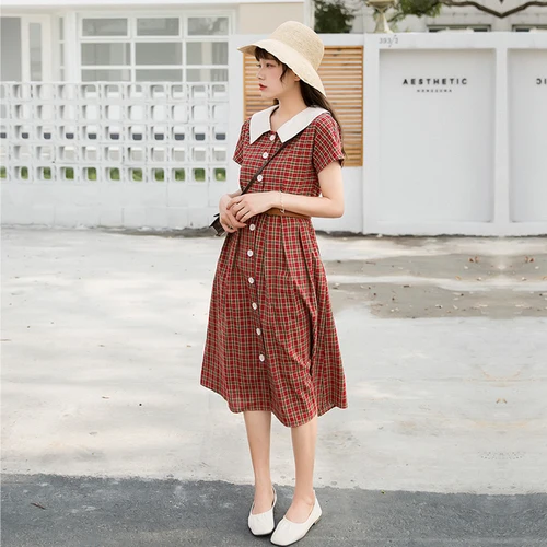 

Fashion Loose Casual Brief Women Dresses A-line Plaid Patchwork Dresses Single Breasted Peter Pan Collar Summer Dress