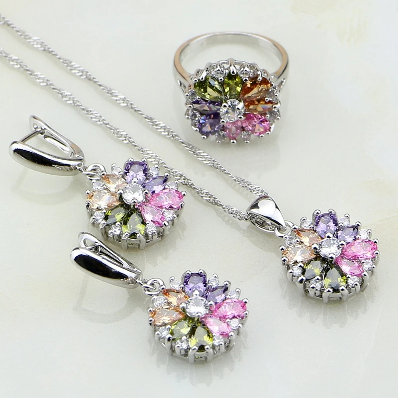 Женский ювелирный комплект из серебра 925 пробы с разноцветными камнями|jewelry sets for