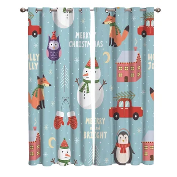

Christmas Winter Fox Owl Window Curtains Living Room Fabric Drapes Curtain Home Draperies Curtains for Kitchen