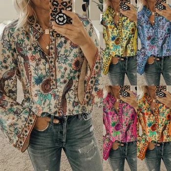 

New Summer Women Multicolor Chiffon Blouse Print O-neck Short Sleeve Shirt Top Lady Casual Peacock Print