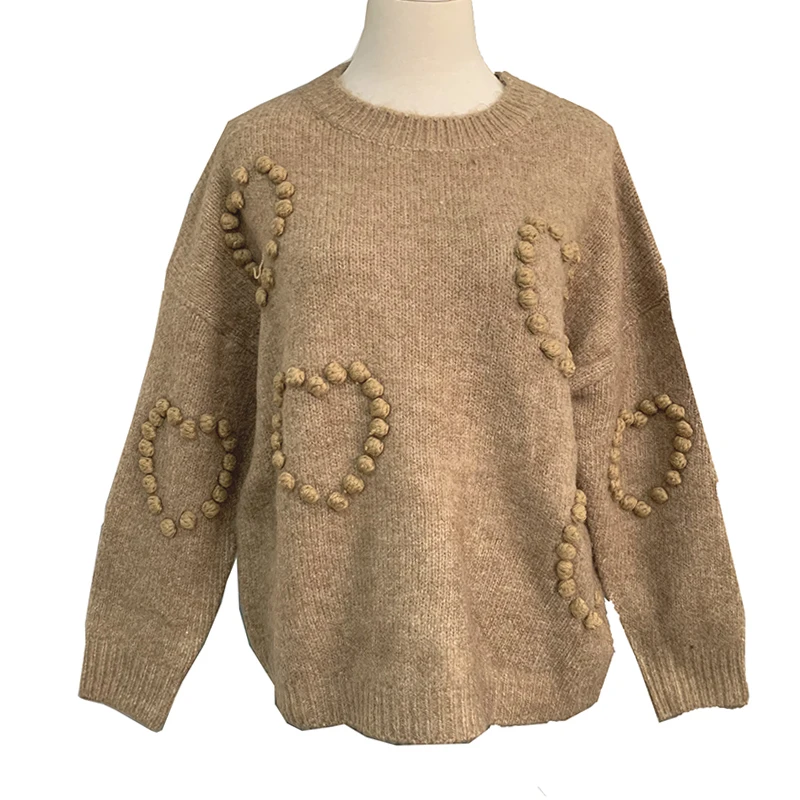 

PERHAPS U women sweet Hairball knitted pullovers white khaki crewneck sweater loose autumn winter M0095