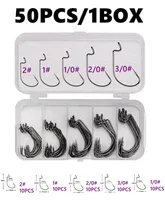 Hameçons de pêche en acier, taille mixte 2 # 3/0 #, manivelle, cercle unique, appâts souples, barbelé, accessoires de matériel de pêche, 50 pièces 
