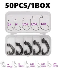 50Pcs Mixed Size Fishing Hook 2#-3/0# Crank Steel Single Circle Soft Bait Worm Barbed Fishing Hook Set Pesca Tackle Accessories