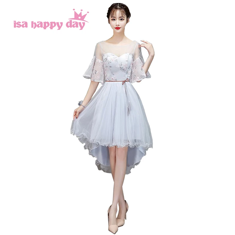 

light gray short front long back high low tulle elegant 0 neck prom dresses 2019 with sleeves miss sexy dress for girls W4310