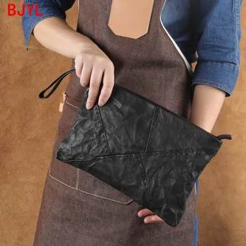 

Vintage Handmade Leather Black Long Men's Clutch Bag Wallet Leather Large Capacity Stitched Fold Clutch Mobile Phone Bags Soft