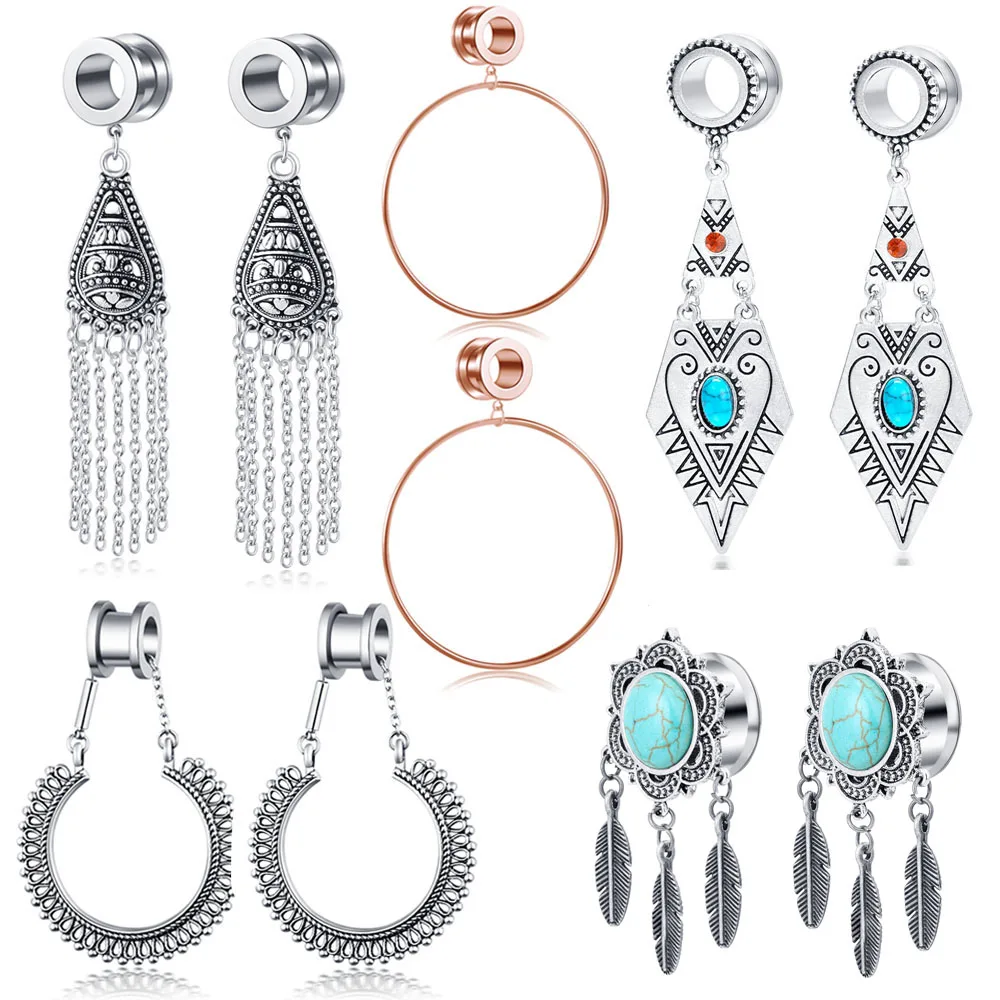 

TIANCIFBYJS Dangle Ear Plugs Tunnels Stainless Steel Pendant Ear Gauges Stretcher Earring Expanders Body Piercing Jewelry 2pcs
